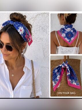 Lilly Pulitzer & Ford Blue Floral Bandana Scarf with Pink Border
